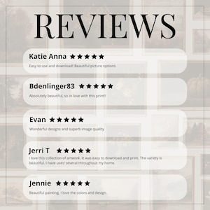 Puede incluir: Imagen que muestra la palabra "REVIEWS" en negrita. Debajo, se muestran testimonios de clientes con nombres y valoraciones por estrellas. Las rese&ntilde;as destacan la facilidad de uso, las opciones de im&aacute;genes y la calidad de la obra.