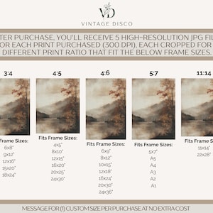May include: A digital art print guide featuring a landscape painting of a lake and mountains in five aspect ratios: 3:4, 4:5, 4:6, 5:7, and 11:14. The text lists compatible frame sizes in inches, including 6x8, 8x10, 18x24, 24x36, and A1 through A5 sizes.