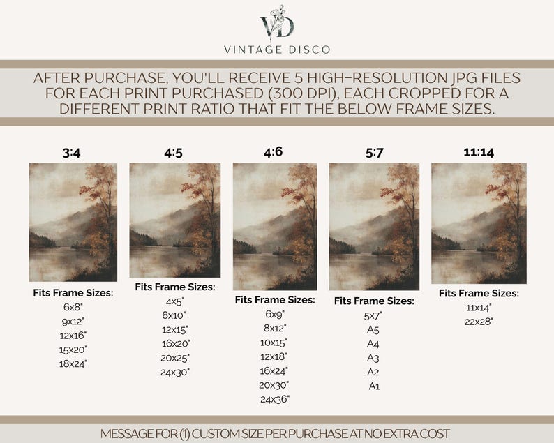 May include: A digital art print guide featuring a landscape painting of a lake and mountains in five aspect ratios: 3:4, 4:5, 4:6, 5:7, and 11:14. The text lists compatible frame sizes in inches, including 6x8, 8x10, 18x24, 24x36, and A1 through A5 sizes.