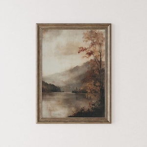 Vintage Autumn Lake Landscape - Printable Fall Wall Art, Muted Rustic Farmhouse Decor