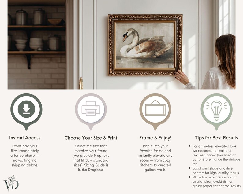 May include: A digital art print featuring a swan swimming in water, displayed in an ornate gold frame. Below the image, four circular icons represent instructions: Instant Access, Choose Your Size & Print, Frame & Enjoy, and Tips for Best Results.
