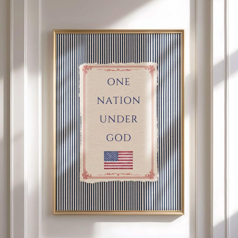 Patriotic Christian One Nation Under God Print - American Heritage Decor, Rustic Independence Day Art