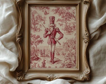 Elegante lámina de Cascanueces en toile: imprimible navideño antiguo, decoración festiva tradicional del Viejo Mundo.