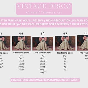 May include: A digital art print featuring a whimsical ghost character with a pink bow. The image is available in multiple aspect ratios, including 6x8, 9x12, 12x16, 15x20, and 18x24 inches. The text at the top reads "VINTAGE DISCO Curated Timeless Art."