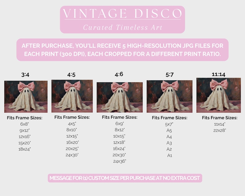 May include: A digital art print featuring a whimsical ghost character with a pink bow. The image is available in multiple aspect ratios, including 6x8, 9x12, 12x16, 15x20, and 18x24 inches. The text at the top reads "VINTAGE DISCO Curated Timeless Art."