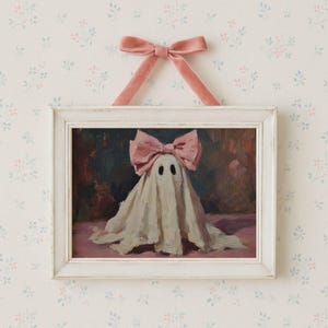 Pink Bow Ghost Halloween Wall Art - Cute Spooky Halloween Printable, Whimsical Girly Halloween Art, Pastel Fall Artwork, Preppy Cottagecore