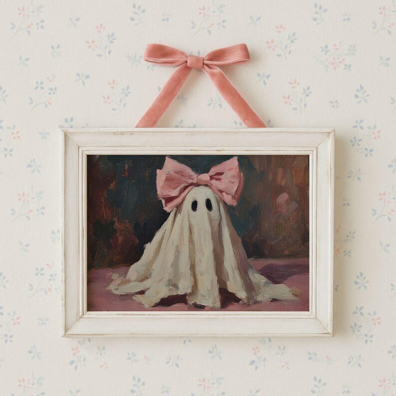 Pink Bow Ghost Halloween Wall Art - Cute Spooky Halloween Printable, Whimsical Girly Halloween Art, Pastel Fall Artwork, Preppy Cottagecore