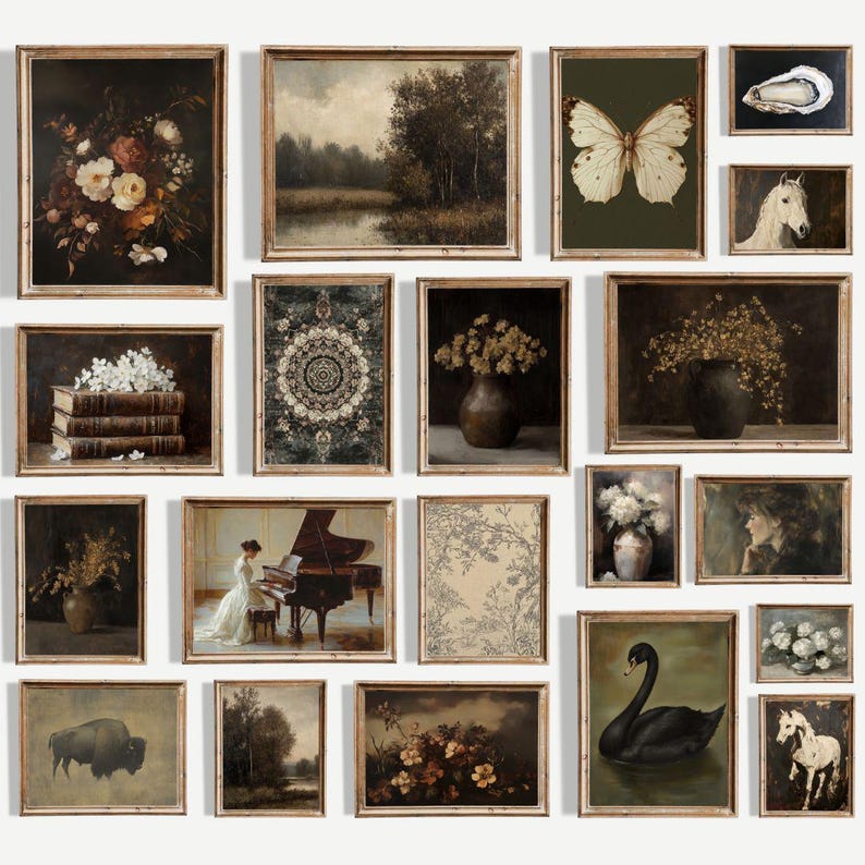 May include: A collection of framed vintage art prints. The prints feature a variety of subjects, including floral still lifes, landscapes, a butterfly, a swan, and a woman playing a piano. The frames are made of wood and have a warm, natural finish.