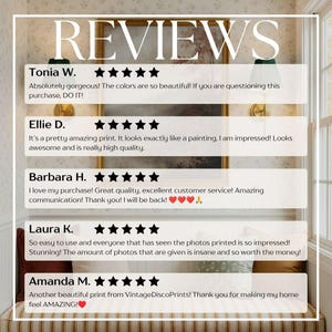 May include: A graphic display titled REVIEWS featuring five customer testimonials. Each entry includes a name, five black stars, and a written comment praising the quality, colors, and service of the prints from VintageDiscoPrints.
