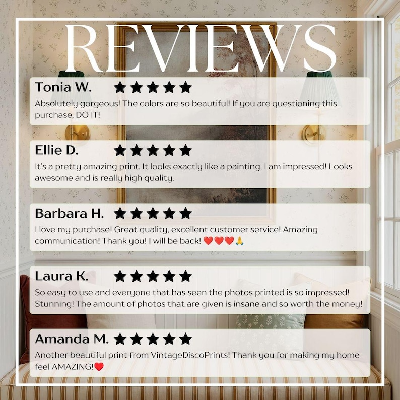 May include: A graphic display titled REVIEWS featuring five customer testimonials. Each entry includes a name, five black stars, and a written comment praising the quality, colors, and service of the prints from VintageDiscoPrints.