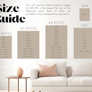 May include: A size guide for printable images, showing different aspect ratios and corresponding sizes in inches and centimeters. The ratios include 3:4, 4:5, 4:6, and ISO.