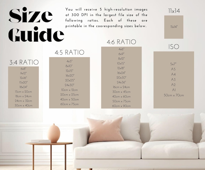 May include: A size guide for printable images, showing different aspect ratios and corresponding sizes in inches and centimeters. The ratios include 3:4, 4:5, 4:6, and ISO.