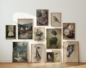 May include: A collection of framed vintage art prints in various sizes and styles. The prints feature landscapes, portraits, and botanical illustrations, with a muted color palette and antique aesthetic. The text "VINTAGE DISCO Curated Timeless Art" is at the top.