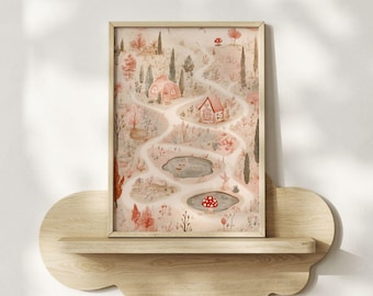 Whimsical Woodland Map Nursery Print - Pink Cottagecore Nursery Wall Art, Fairy Tale Storybook Nursery Art, Coquette Decor for Baby Girls