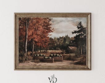 Lámina decorativa vintage de una granja de calabazas: Arte mural rústico otoñal estilo cottagecore (descarga digital imprimible)