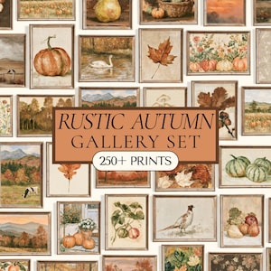 Può includere: Una collezione di stampe artistiche incorniciate con temi autunnali che includono zucche, fogliame, paesaggi, uccelli e illustrazioni botaniche. Un riquadro centrale rettangolare mostra il testo RUSTIC AUTUMN GALLERY SET 250+ PRINTS.