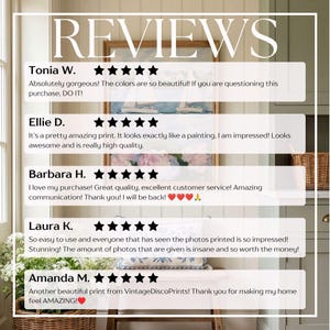 May include: Image displaying customer reviews with the word "REVIEWS" at the top. The reviews are from Tonia W., Ellie D., Barbara H., Laura K., and Amanda M., each with a five-star rating. The reviews praise the product's quality and appearance.