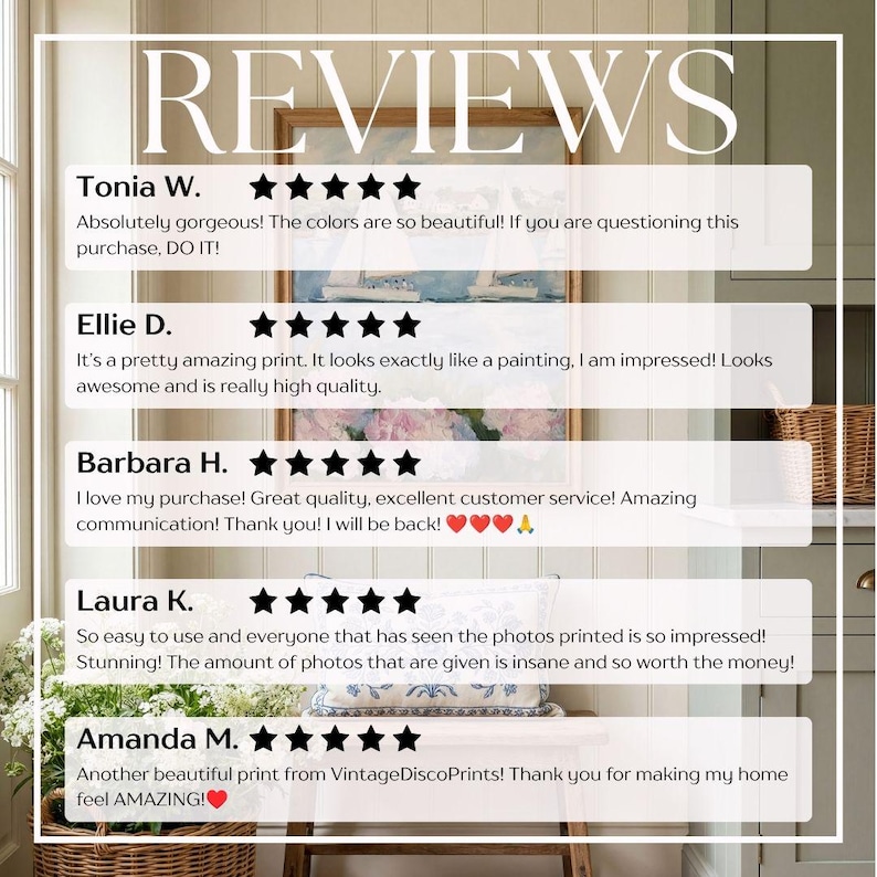 May include: Image displaying customer reviews with the word "REVIEWS" at the top. The reviews are from Tonia W., Ellie D., Barbara H., Laura K., and Amanda M., each with a five-star rating. The reviews praise the product's quality and appearance.