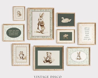 Vintage Nursery Gallery Wall Art Set - Neutral Woodland Forest Animal Kid's Playroom Decor