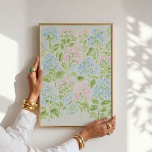 Pastel Pink Blue & Green Watercolor Hydrangeas Set - Preppy Grandmillenial Floral College Dorm Prints