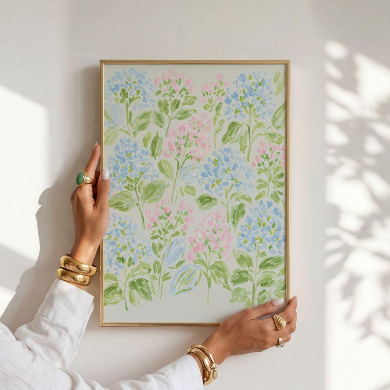 Pastel Pink Blue & Green Watercolor Hydrangeas Set - Preppy Grandmillenial Floral College Dorm Prints
