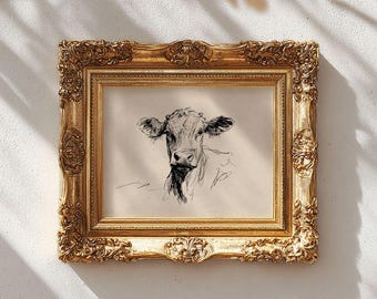 Vintage Cow Sketch Print - Neutral Line Art Printable, Rustic Country Farmhouse Animal Decor