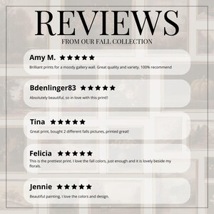 May include: Image featuring customer reviews from a fall collection. The word "REVIEWS" is at the top, followed by customer testimonials with star ratings. The reviews highlight print quality, color, and design.