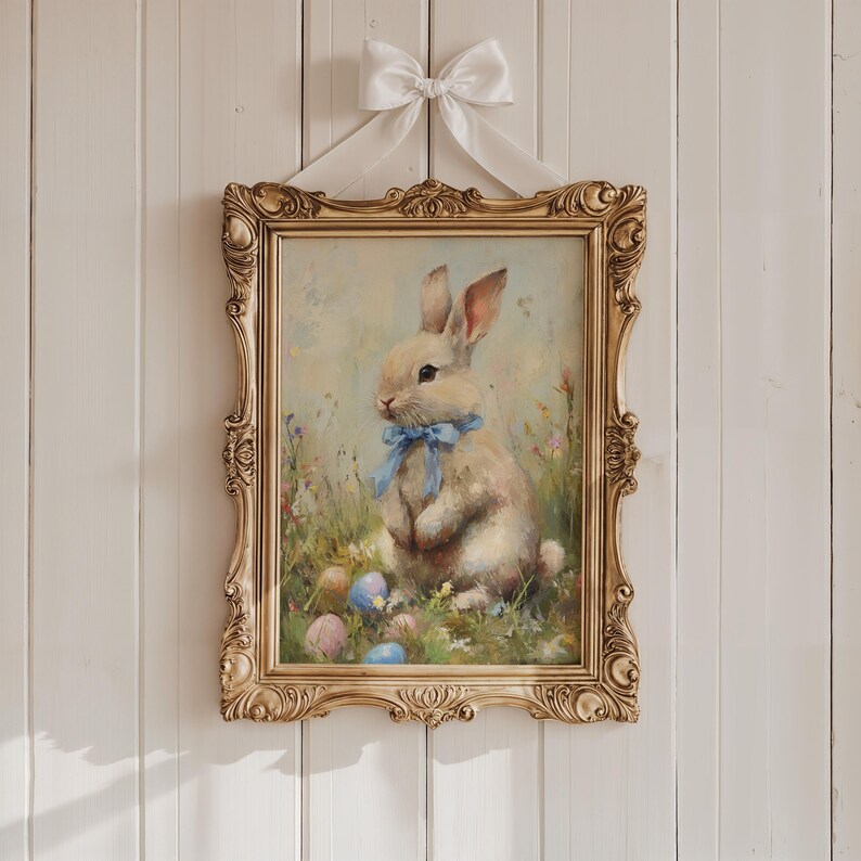 Vintage Easter Bunny Painting, Cottagecore Easter Painting, Light Academia Wall Art,  Printable Cute Rabbit, Neutral Spring Easter Decor