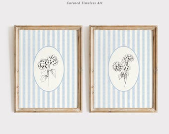 French Country Hydrangea Sketch Prints: Cottagecore Floral Wall Art Set of 2 (Digital Download)