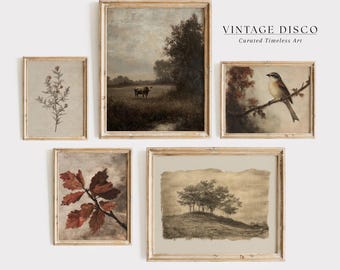 May include: Five framed vintage art prints. The prints feature botanical illustrations, a landscape with cows, a bird on a branch, and a sepia-toned landscape with trees. The frames are a light wood color. The text "VINTAGE DISCO Curated Timeless Art" is visible.