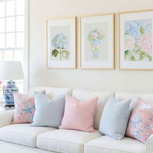 Pastel Pink Blue & Green Watercolor Hydrangeas Set - Preppy Grandmillenial Floral College Dorm Prints