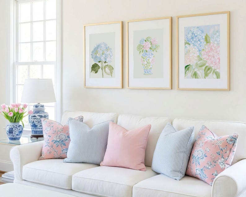 Pastel Pink Blue & Green Watercolor Hydrangeas Set - Preppy Grandmillenial Floral College Dorm Prints