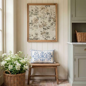 French Country Floral Textile Print - Vintage Botanical Wall Art, Neutral Spring Farmhouse Decor