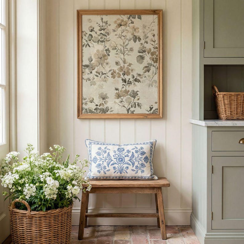 French Country Floral Textile Print - Vintage Botanical Wall Art, Neutral Spring Farmhouse Decor