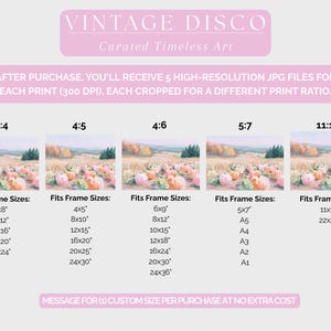 May include: A digital art print with a landscape scene of a pumpkin patch. The image includes text that reads "VINTAGE DISCO" and "Curated Timeless Art". The image also shows the different print ratios and frame sizes available.