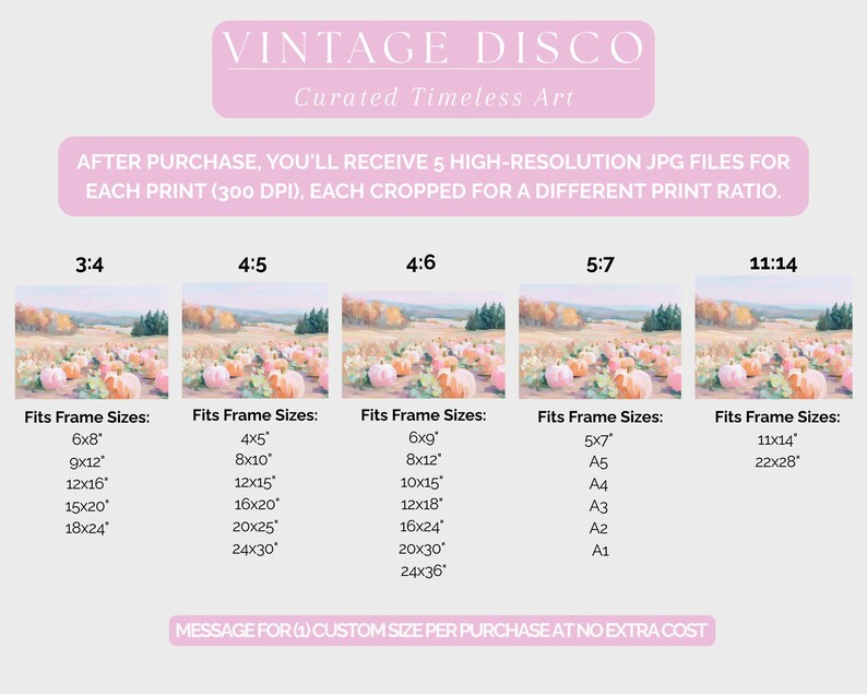 May include: A digital art print with a landscape scene of a pumpkin patch. The image includes text that reads "VINTAGE DISCO" and "Curated Timeless Art". The image also shows the different print ratios and frame sizes available.