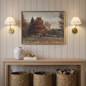 Vintage Fall Landscape Print - Rustic Autumn Farmhouse Decor, Moody Cottagecore Muted Printable