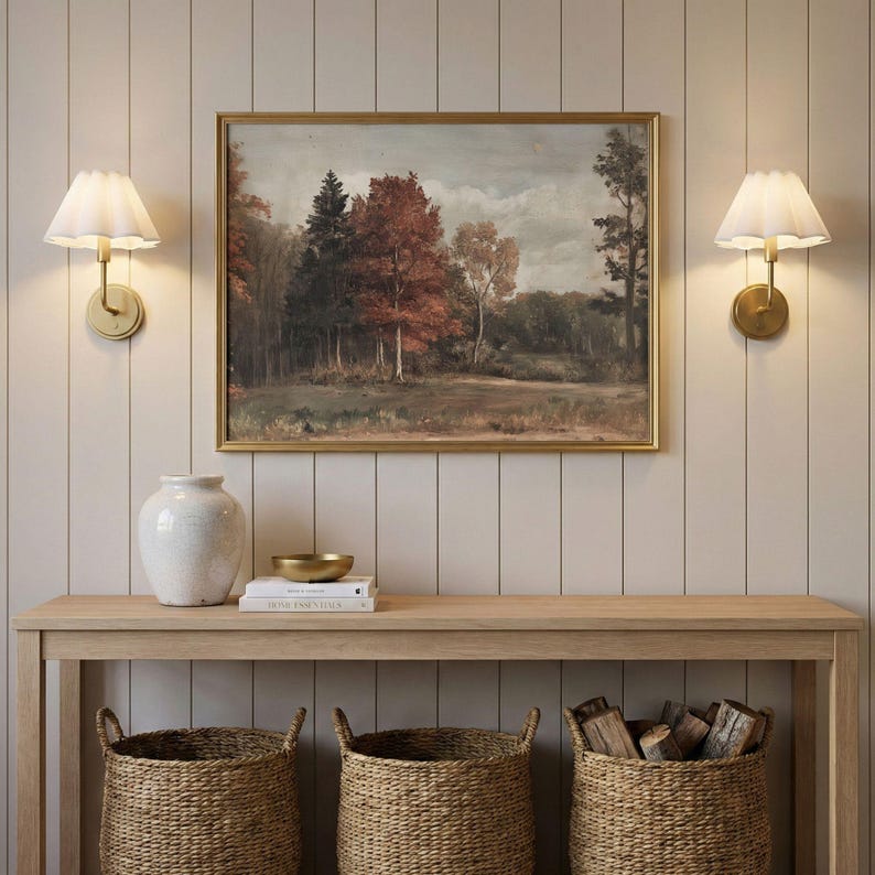 Vintage Fall Landscape Print - Rustic Autumn Farmhouse Decor, Moody Cottagecore Muted Printable