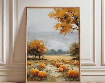 Vintage Pumpkin Field Painting: Rustic Farmhouse Fall Decor (Printable Digital Download)