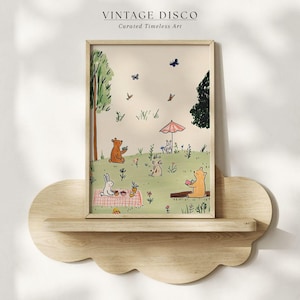 Arte vintage para piquenique na floresta - Berçário de animais de contos de fadas, quarto de bebê excêntrico, arte infantil Cottagecore, decoração para impressão de coelho e urso