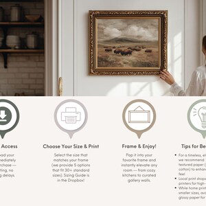 May include: A framed landscape painting with a gold ornate frame. The artwork depicts a field with bison under a cloudy sky. The image is being held by a person. The image also includes text about instant access, sizing, framing, and tips.