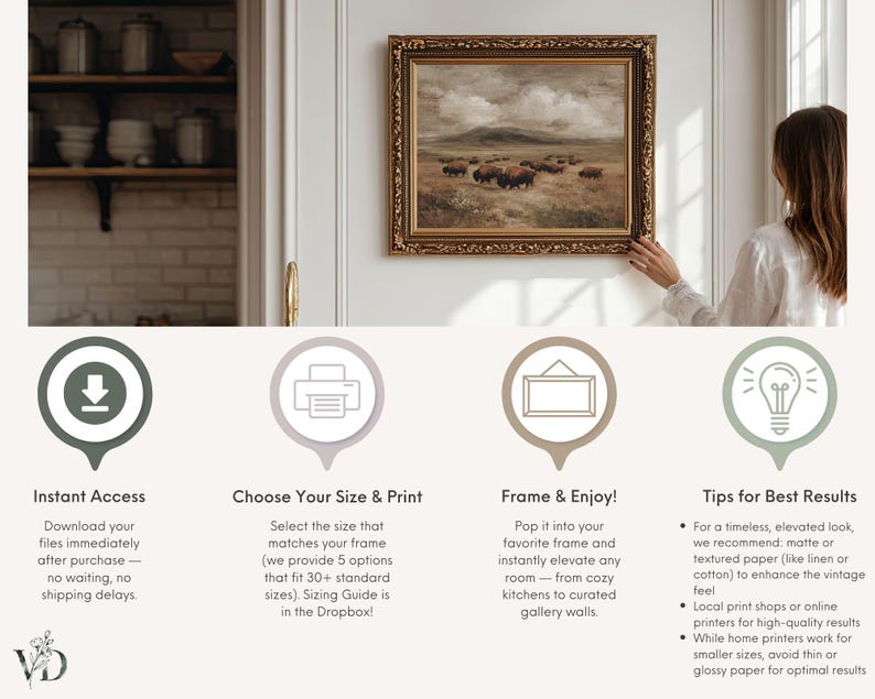 May include: A framed landscape painting with a gold ornate frame. The artwork depicts a field with bison under a cloudy sky. The image is being held by a person. The image also includes text about instant access, sizing, framing, and tips.