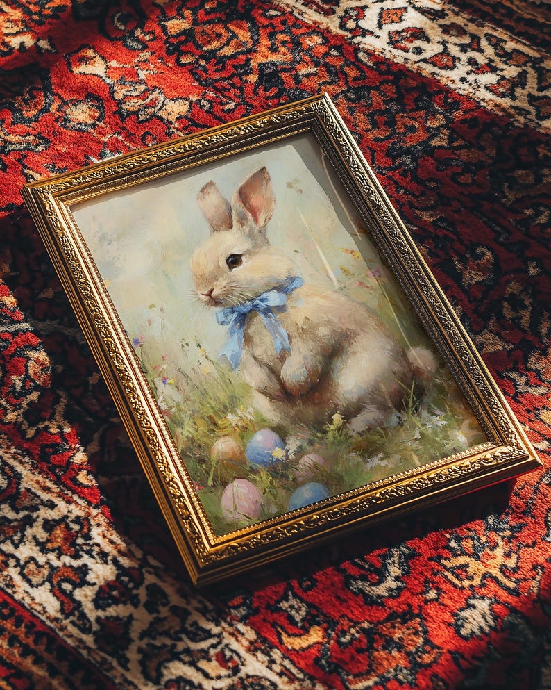 Vintage Easter Bunny Painting, Cottagecore Easter Painting, Light Academia Wall Art,  Printable Cute Rabbit, Neutral Spring Easter Decor