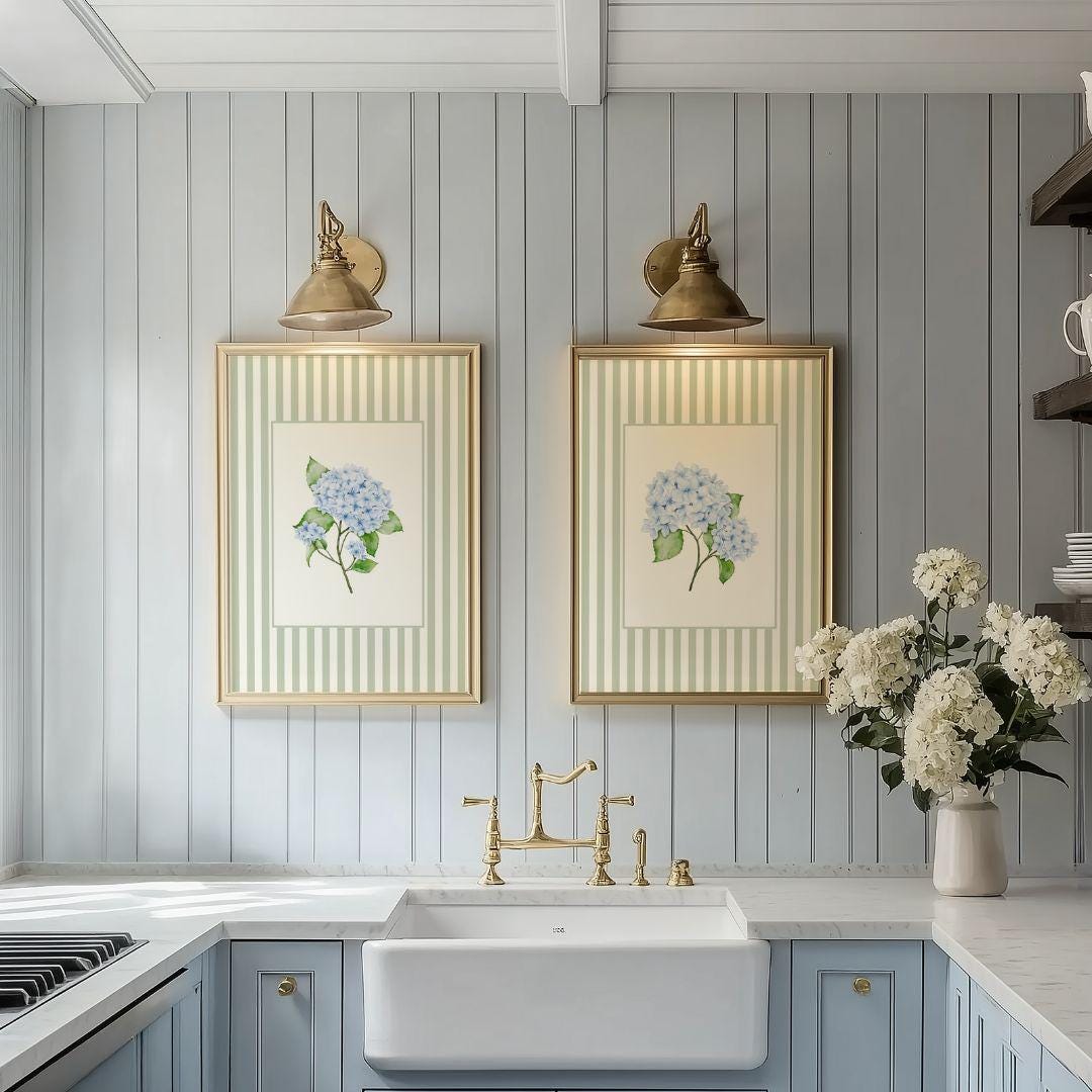 Striped Hydrangea Wall Art Set - French Country Floral Prints, Vintage ...