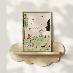 Storybook Woodland Animal Picnic Nursery Print - Whimsical Baby Room, Cottagecore Kids Artwork Printable