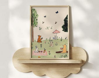 Storybook Woodland Animal Picnic Nursery Print - Whimsical Baby Room, Cottagecore Kids Artwork Printable