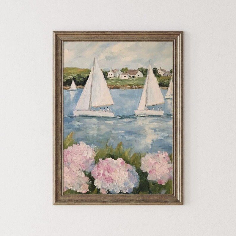 Coastal Hydrangeas & Sailboats Print: Preppy Pink Grandmillenial Summer Wall Art, Coquette Beachy Apartment Decor