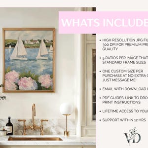 Coastal Hydrangeas & Sailboats Print: Preppy Pink Grandmillenial Summer Wall Art, Coquette Beachy Apartment Decor