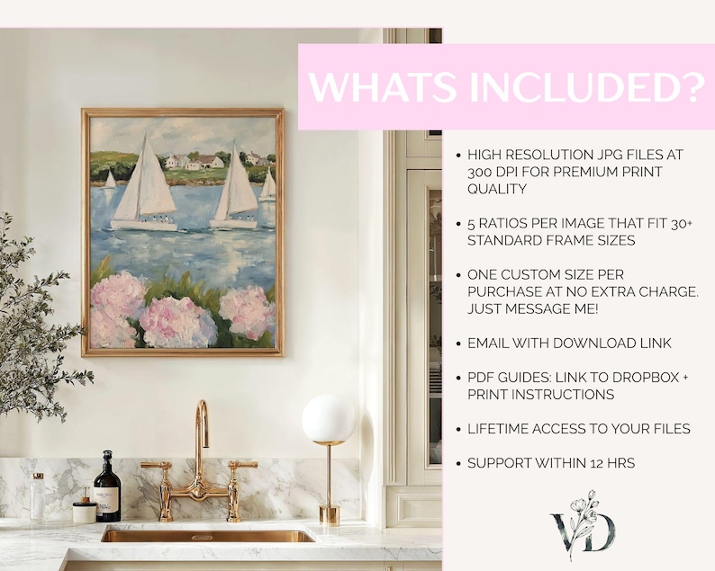 Coastal Hydrangeas & Sailboats Print: Preppy Pink Grandmillenial Summer Wall Art, Coquette Beachy Apartment Decor