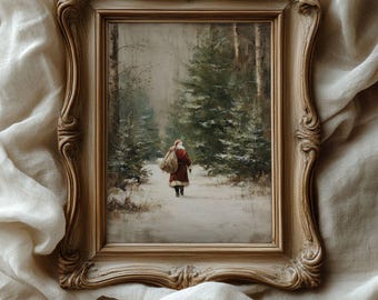 Vintage Santa Claus Painting - Classical Christmas Print, Nostalgic Charming Snowy Forest Landscape, Cottagecore Holiday